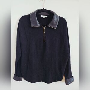 Black Sweater with Leather Collar and Cuffs
